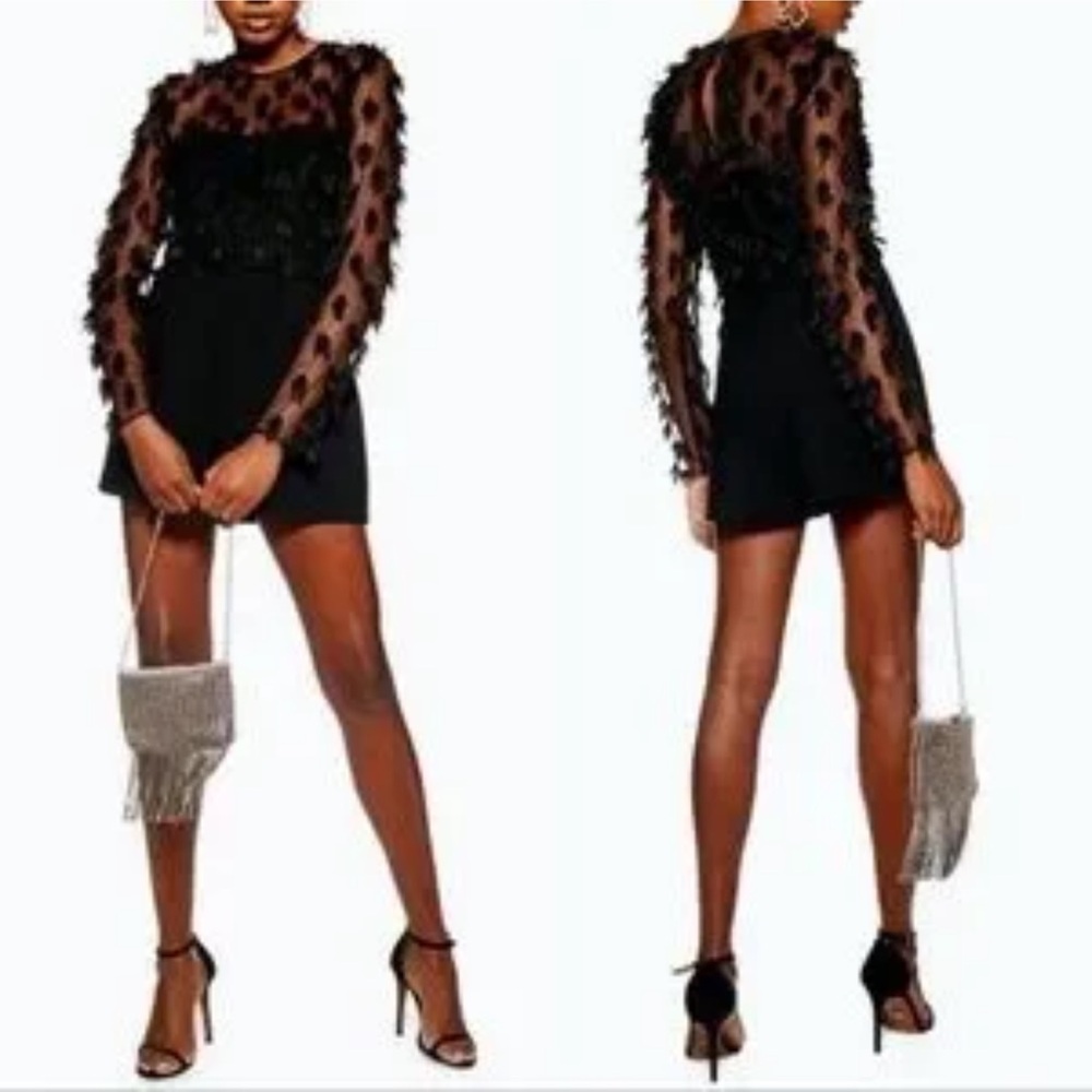 Topshop Black Long Sleeve Mesh Romper. Size 8